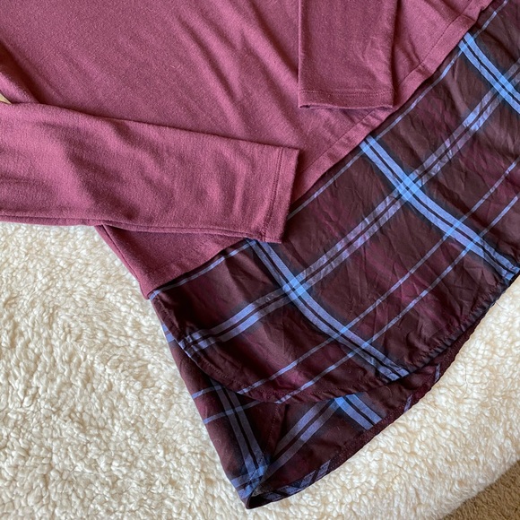 LOFT Burgundy knit tee with plaid detail - Picture 2 of 8